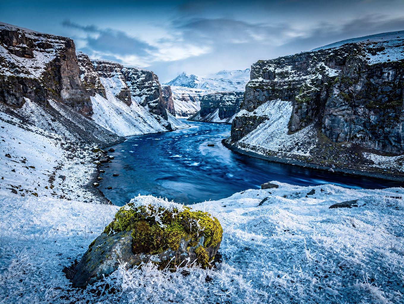 Volcanic basalt canyons and glacial braided rivers in Iceland