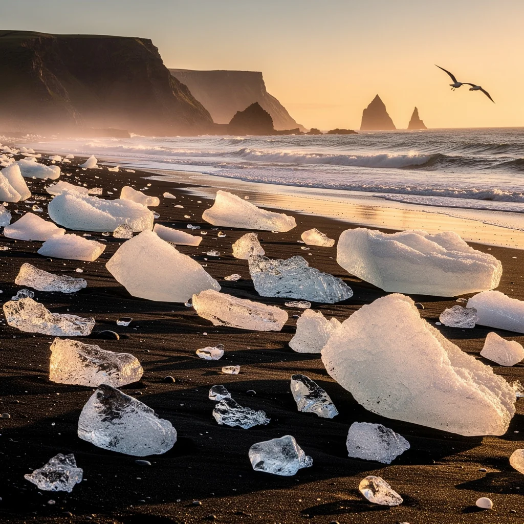 Ice fragments on black volcanic sand