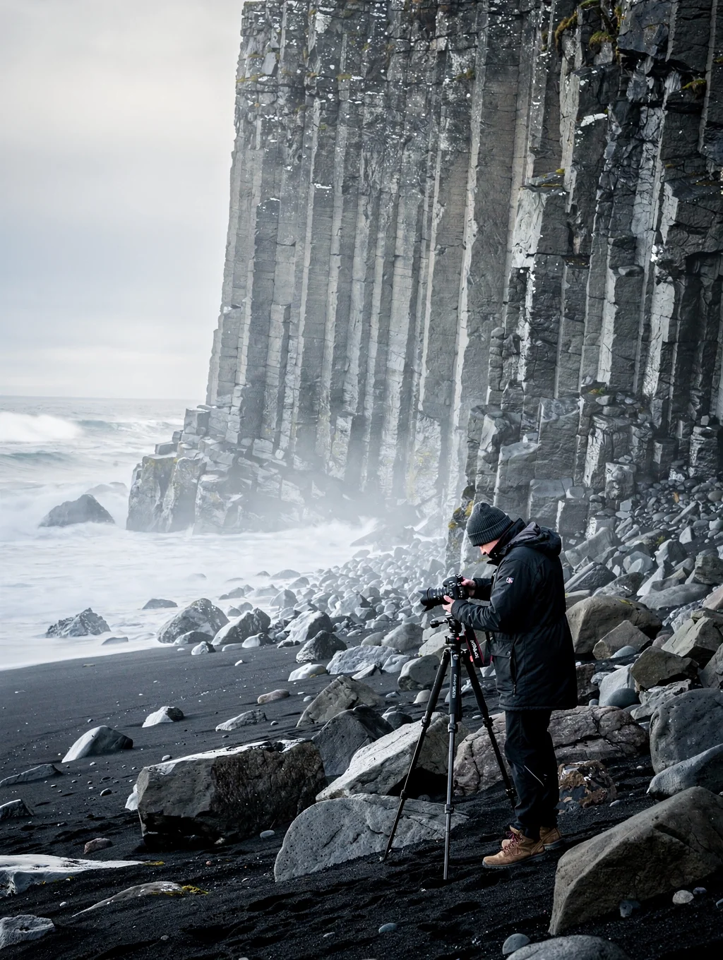 Volcanic basalt stacks and glacial ice on Icelandic coast