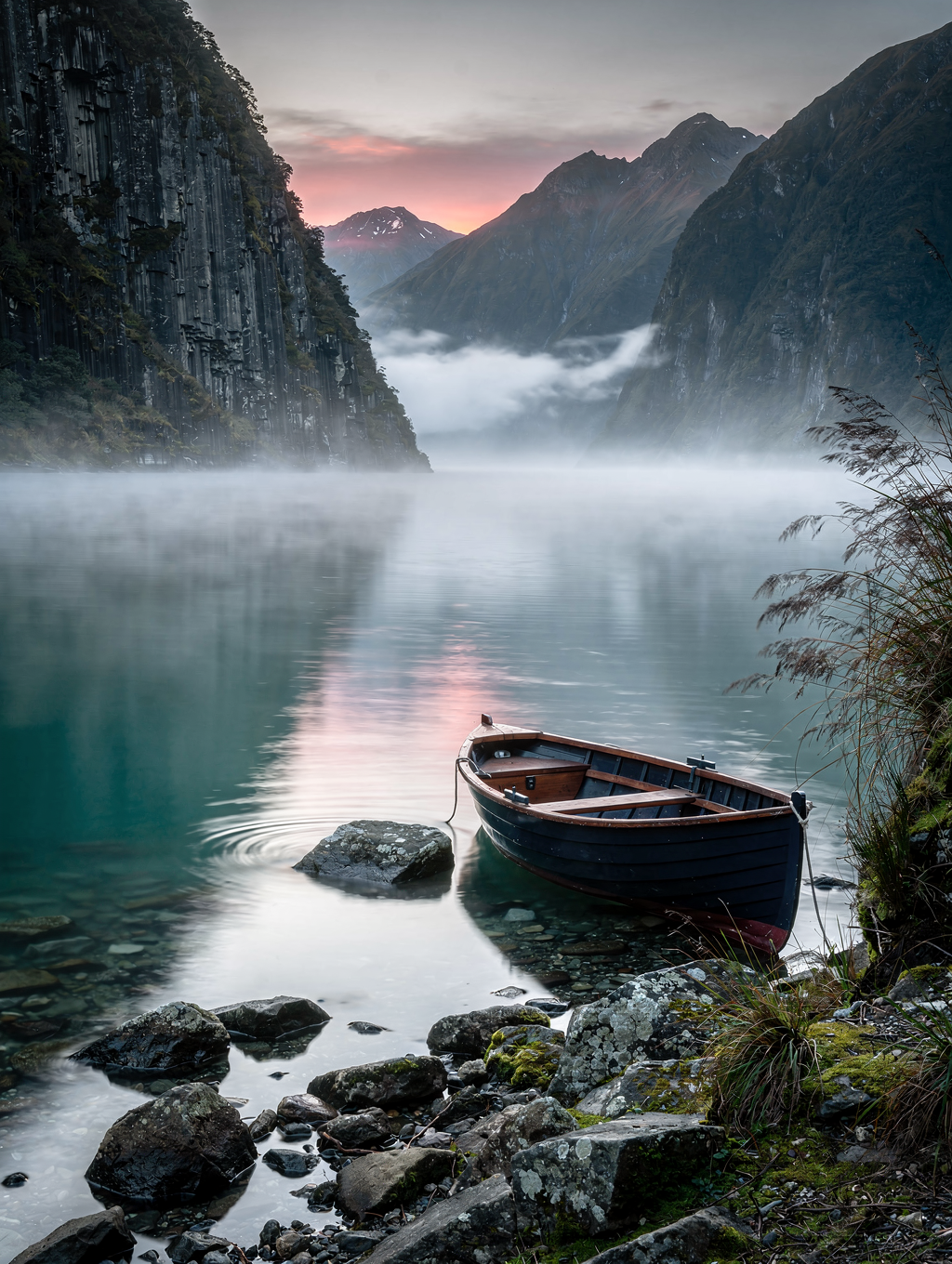 Mist-covered fjord waters and sheer peaks in New Zealand