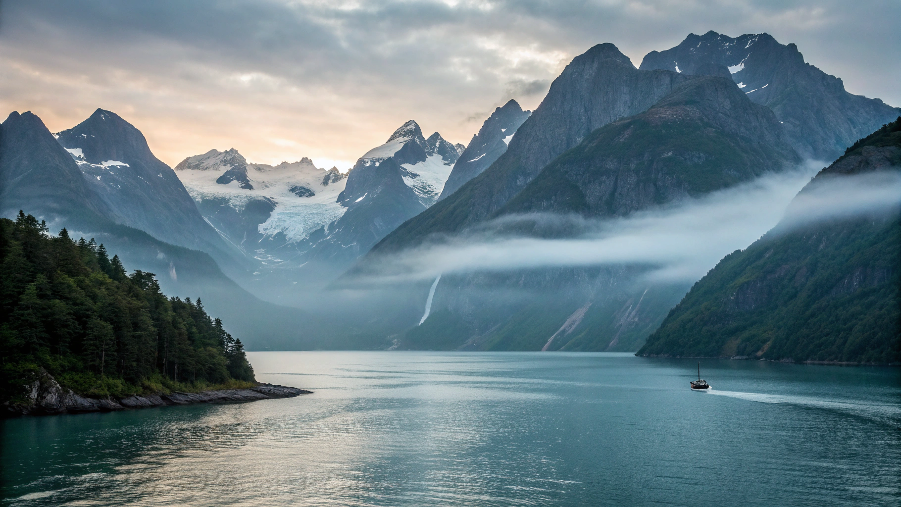 Granite cliffs rising from misty fiord waters