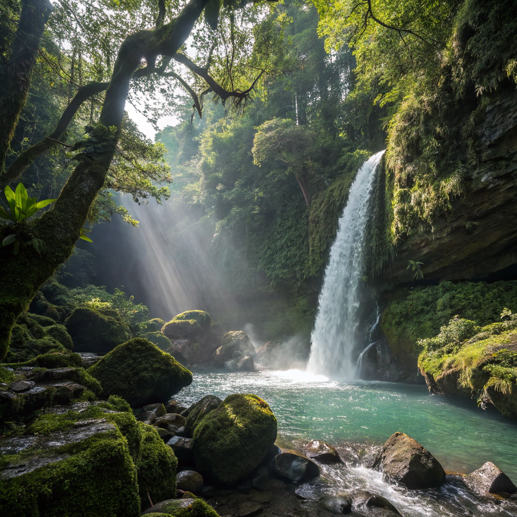 Waterfall in dense temperate rainforest