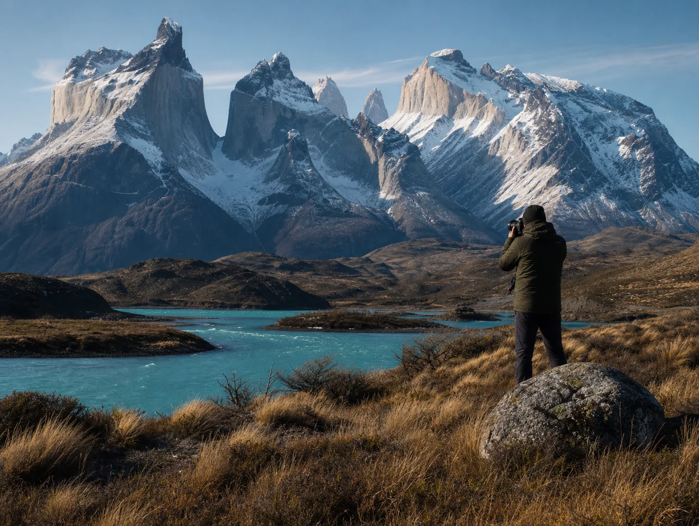 Granite peaks of Patagonia lit by morning golden light