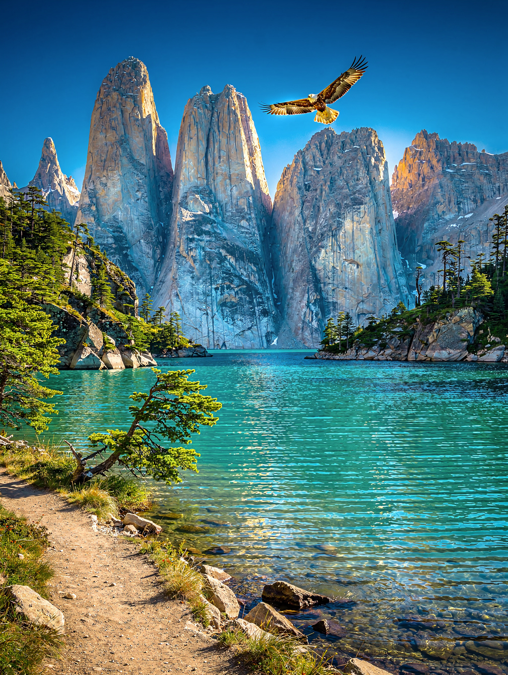 Granite mountain horns rising over glacial lakes in Patagonia